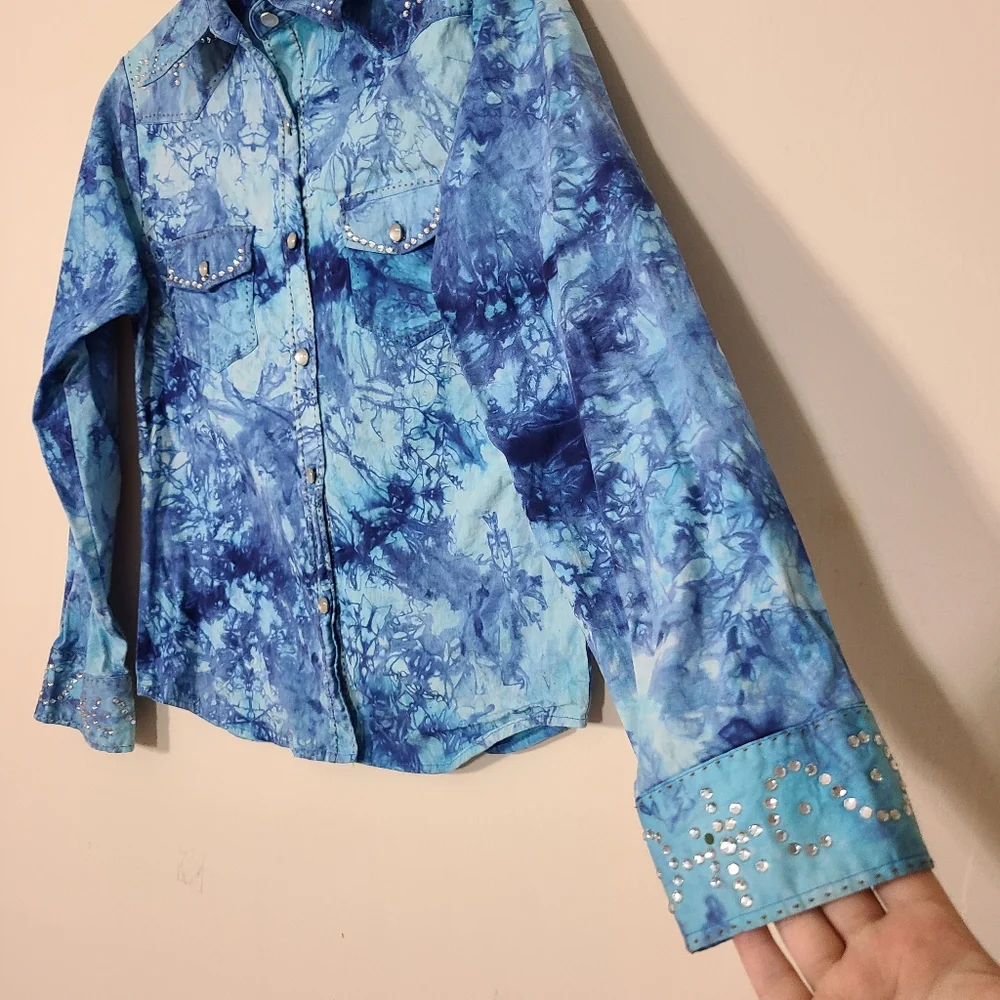 Y2K TyeDye Rhinestone Jacket Blue Silver Rhinestones Shirt With Pockets XL - Picture 2 of 11